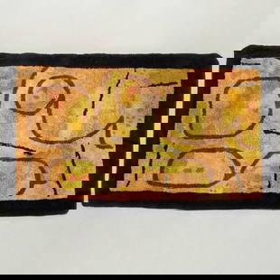 Paul Klee (manner), wool pile tapestry rug: Paul Klee (manner), wool pile tapestry rug, Possibly c. 1950s, medium pile polychrome wool, in an abstract design in browns, greens, reds, and yellows, cloth backing, unmarked, approx. 50"l x 34"w Pro