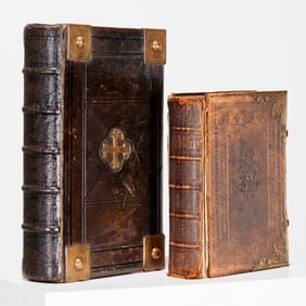(2) Large leather and brass bound bibles