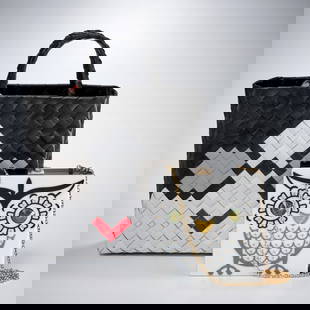 (2) Whimsical owl handbags: (2) Whimsical owl handbags, 21st. c. (1) Rara Avis by Iris Apfel, bold hard case black and white with gold design, chain strap, 7"squ, (1) Helping Hands woven tote, 11"h, 10"w Provenance: The Iris