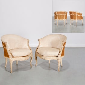 Nice pair Louis XVI style painted caned bergeres