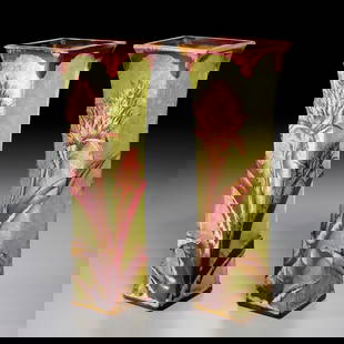 Baccarat (attrib), (2) cameo glass vases: Baccarat (attrib), (2) cameo glass vases, Early 20th c., France, bookmatched pair, ruby glass with gilded details, on textured citron green ground, one marked "3" on underside, 12"h x 3.75"squ 