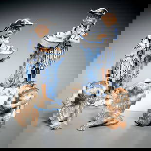 Group (5) Meissen style porcelain monkey figures: Group (5) Meissen style porcelain monkey figures, Late 19th c., Germany, incl. Ernst Bohne & Sons, pair porcelain monkey sweetmeats, leaning on tree trunk candy dish, stamped "EBS" with anchor mark