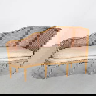 Antique Louis XVI style caned settee: Antique Louis XVI style caned settee, 19th/20th c., carved and painted wood frame, with curved caned backrest, upholstered seat, approx. 36"h x 59"w x 28"d Provenance: The Iris Apfel Collection