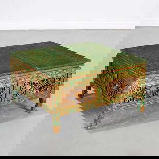 Chinese carved giltwood and painted coffee table: Chinese carved giltwood and painted coffee table, 19th/20th c., square top with floral vine decoration, pierced panel apron, 16.5"h x 30.75"squ Provenance: The Iris Apfel Collection