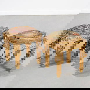 Pair Louis XVI style marble top porte potiche: Pair Louis XVI style marble top porte potiche, 19th c., in the manner of Francois Linke, each painted, carved with laurel wreath and drapery swags, with two different raised inset marble tops, 18"h x