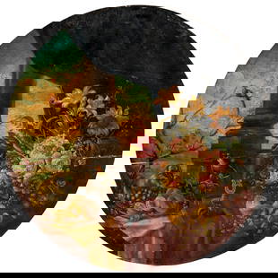 Dutch School, oil on roundel panel: Dutch School, oil on roundel panel, Dutch School (18th/19th c.), Still Life, with fruit, flowers, and monkey, on round wooden panel, no visible signature, 16"dia. Provenance: The Iris Apfel