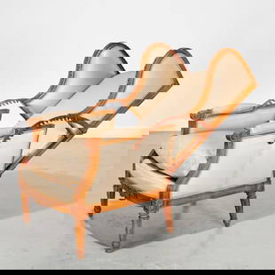 Antique Louis XVI style bergere a cremaillere: Antique Louis XVI style bergere a cremaillere, 19th/20th c., reclining wing chair with nicely carved beechwood frame, ribbon crest and apron, taupe upholstery, 48"h x 27.5"w x 23.5"d Provenance: The