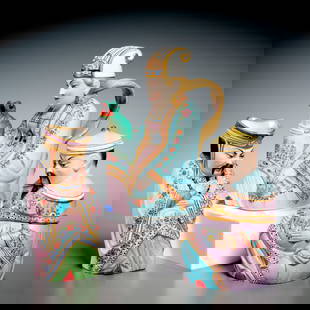 Jean Gille (attrib) Chinoiserie porcelain tea set: Jean Gille (attrib) Chinoiserie porcelain tea set, 19th/20th c., France, polychromed bisque porcelain, (3) pieces, incl. a teapot, covered sugar, and creamer, incised mark to underside of teapot and