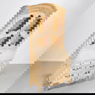 Louis XV style cream painted secretary bookcase: Louis XV style cream painted secretary bookcase, Mid 20th c., in two parts, upper case with chicken wire front doors, the slant front opens to interior fitted with small drawers, approx. 92.5"h x