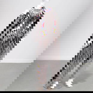 Native American beaded hide shirt and leggings: Native American beaded hide shirt and leggings, 20th c., Plains, possibly Cheyenne or Sioux, gray hide shirt and leggings, with fringe, beaded panels, metal hairlock tassels, with matching neckpiece,