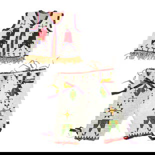 Sioux child's beaded vest and pants, ex Sotheby's: Sioux child's beaded vest and pants, ex Sotheby's, Late 19th/20th c., incl. a child's beaded vest and pair of pants with cloth linings, the vest with hide trim, the pants with makeshift cloth