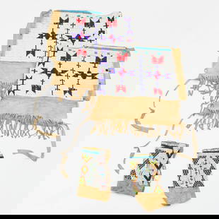 (2) Pairs Native American beaded leggings: (2) Pairs Native American beaded leggings, 19th/20th c., possibly Sioux, one adult size, multicolor beading on buckskin with fringe, later cloth backing and eyelet hooks, name in ink on interior,