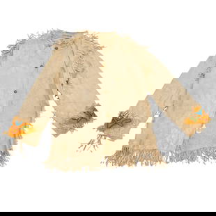 Cree beaded hide scout jacket, ex Sotheby's: Cree beaded hide scout jacket, ex Sotheby's, 20th c., button front hide jacket, adorned with beadwork to upper back and ends of sleeves, old Sotheby's lot sticker tag no. "269", 28"l (excl. fringe) x