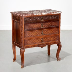 Antique Louis XV/XVI style carved walnut commode