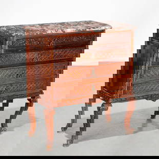 Antique Louis XV/XVI style carved walnut commode: Antique Louis XV/XVI style carved walnut commode, Late 19th/20th c., loose variegated rouge and gray veined marble top, nicely carved flowering trellis drawer fronts, on cabriole legs, 32"h x 29"w x