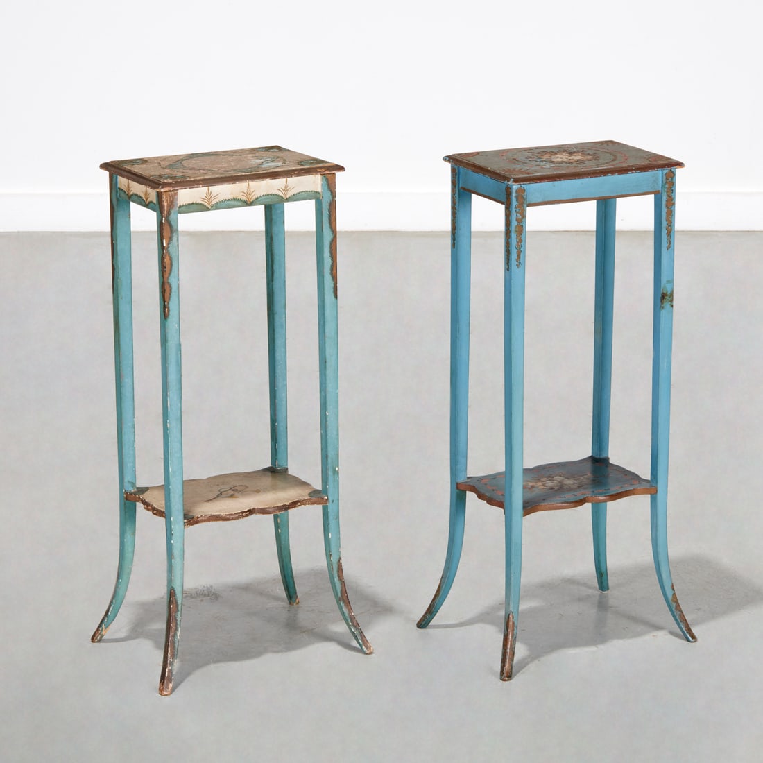 Pair Venetian style paint decorated side tables: Pair Venetian style paint decorated side tables, Mid 20th c., one painted with florals and the other with musical instruments, each with hinged top for jewelry/trinket storage, 27"h x 13"w x 9.5"d, 10