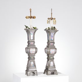Pair large Chinese pewter and enamel lamps