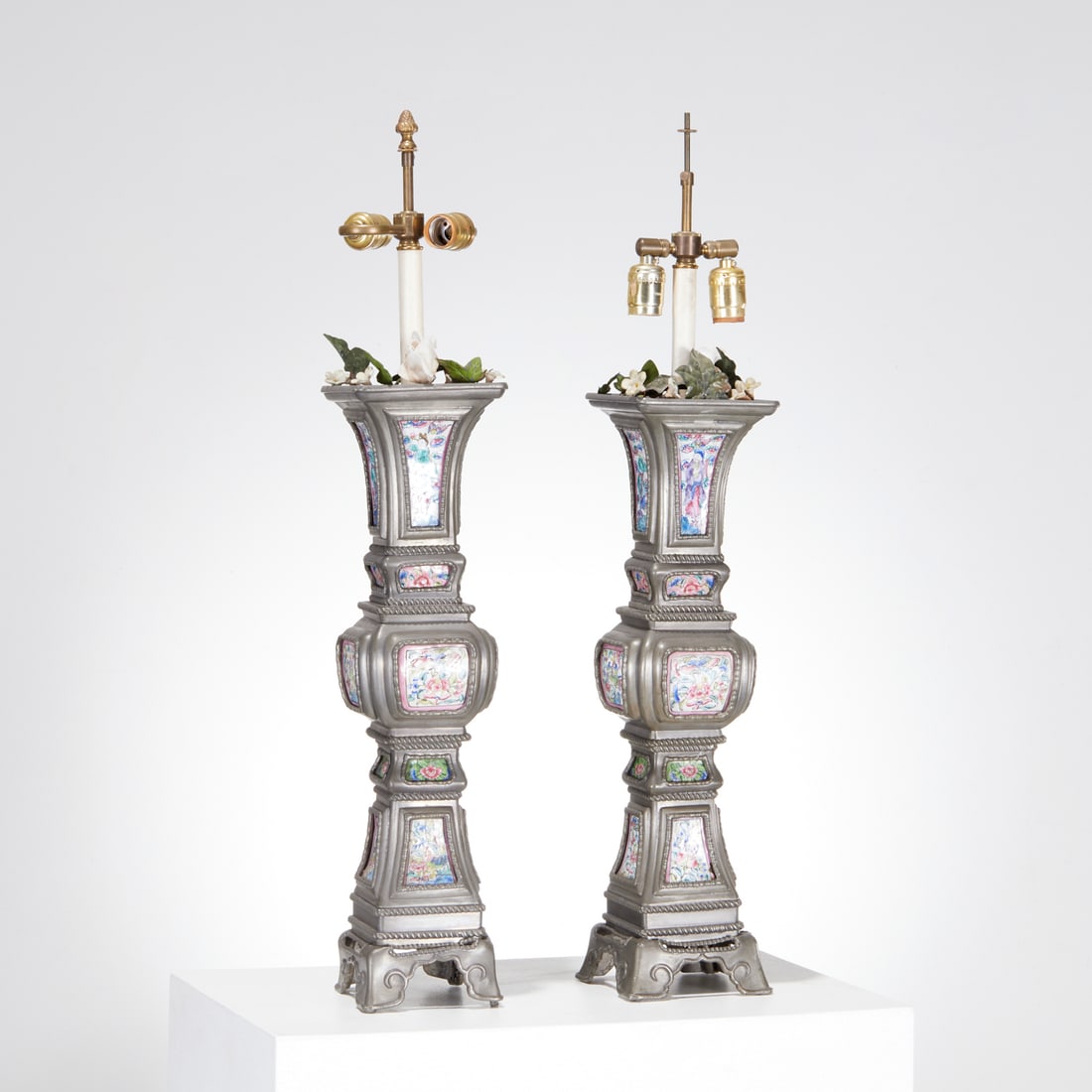 Pair large Chinese pewter and enamel lamps (1 of 9)