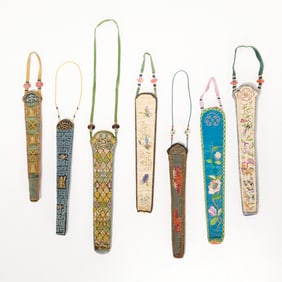 Collection (7) Chinese silk fan cases, Exhibited