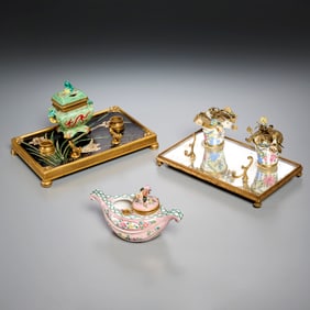 (3) Antique French chinoiserie encriers