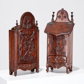 (2) French Provincial carved walnut salt boxes