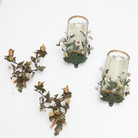 (2) pairs Italian tole, porcelain floral sconces