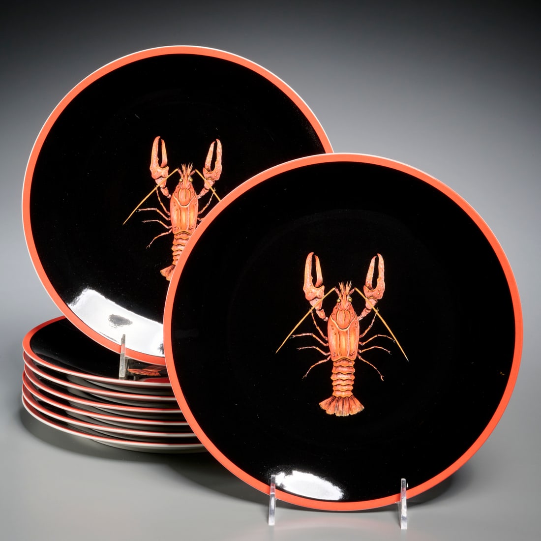 Villeroy & Boch, set (8) crayfish dinner plates: Villeroy & Boch, set (8) crayfish dinner plates, 20th c., crayfish decoration to center, on black ground, with coral banded edge, marked on underside, 10.25"dia Provenance: The Iris Apfel Collection