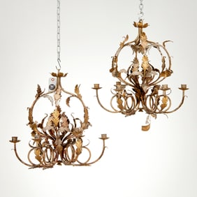 Pair Mid-Century Italian gilt tole chandeliers