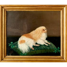 French School, oil on canvas, lap dog