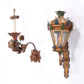 (2) Italian polychrome decorated tole sconces