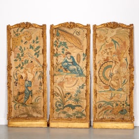 (3) French giltwood and Chinoiserie silk panels