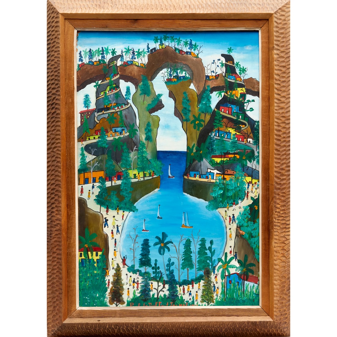 Prefete Duffaut, oil on Masonite, 1966: Prefete Duffaut, oil on Masonite, 1966, Prefete Duffaut (Haitian, 1923-2012), Village by Water scene, signed and dated "Prefete Duffaut, Jacmel, 1966", 23.5"h x 15.5"w (sight), 29.25"h x 21"w (frame)