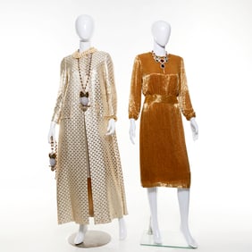 Group of gold sequin and lame evening wear