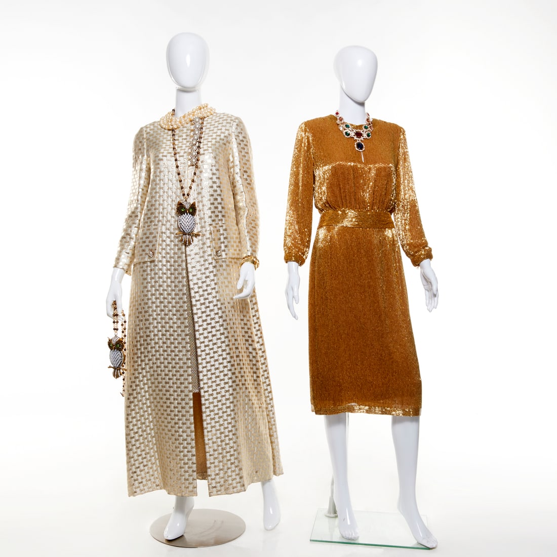 Group of gold sequin and lame evening wear: Group of gold sequin and lame evening wear, c. 1950s, (1) sleeveless Laura Aponte sparkle sequin cocktail sheath, Made in Rome, zipper back, fully lined 32"b, 26"w, 41"l, (1) Tiziana Roma long coat wi