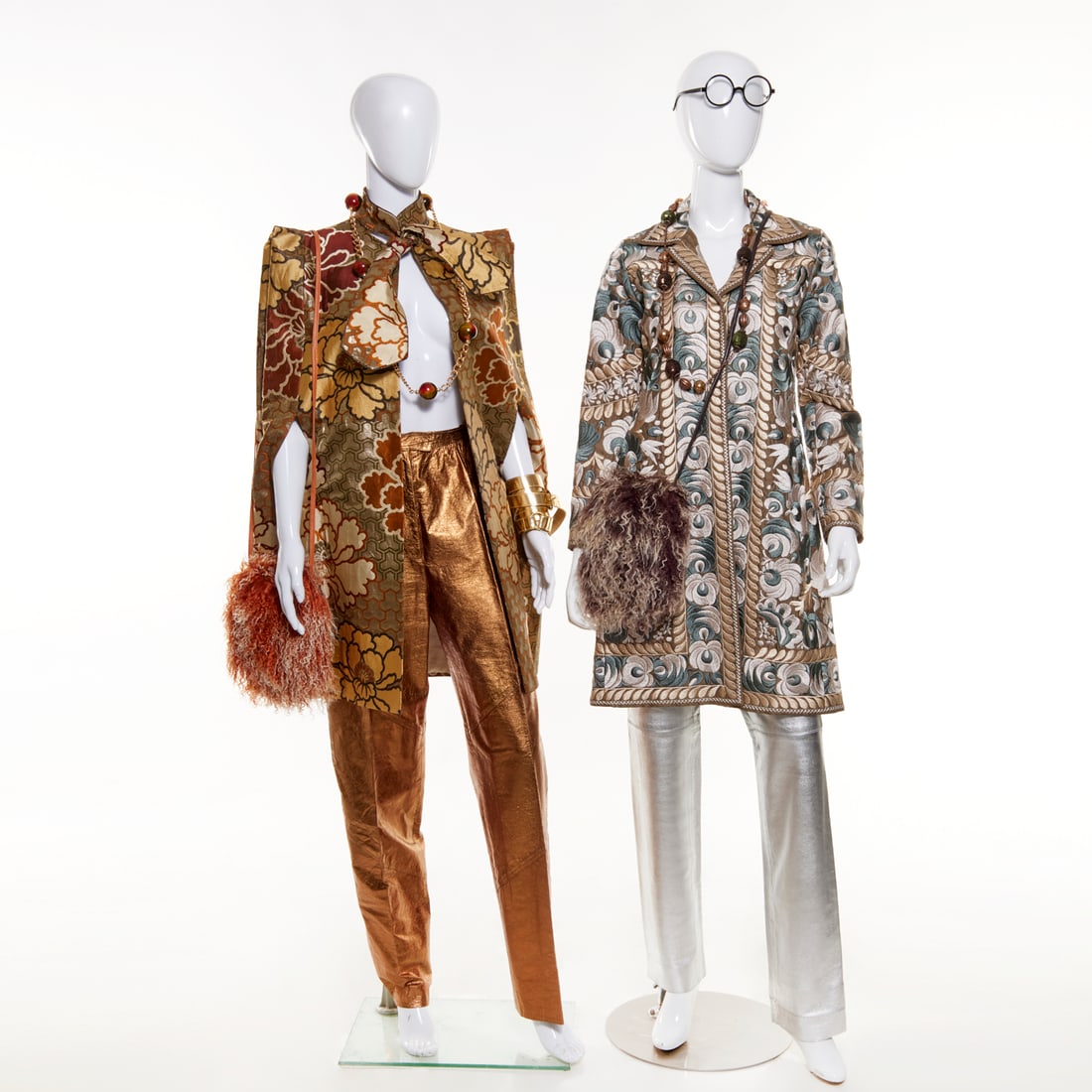 (2) Metallic silver & gold pant ensembles: (2) Metallic silver & gold pant ensembles, (1) Jacquard floral capelet coat in gold tones with armhole sleeves, pull through neck tie, 35"l, o/s, gold metallic pants, Jayna New York, hi-waist, 28"w, 3