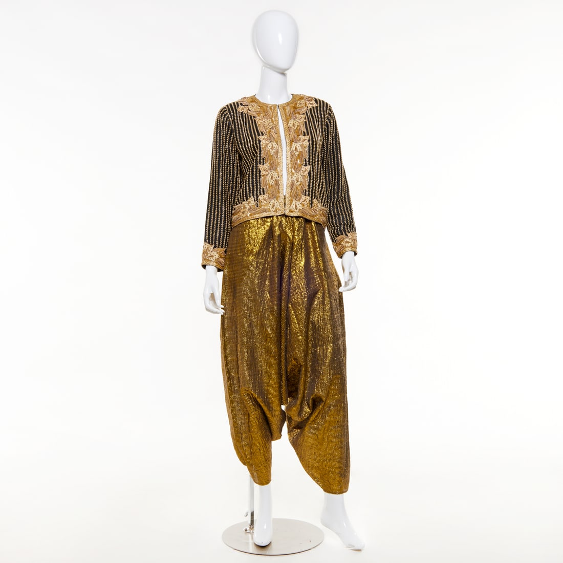 Lanvin metallic gold pant, embellished sweater: Lanvin metallic gold pant, embellished sweater, c. 1970s, Made in France, elastic waist, harem style, 28"w, 40"l, with embellished cardigan, Made in India, black with gold embroidery and beads, 38"b,