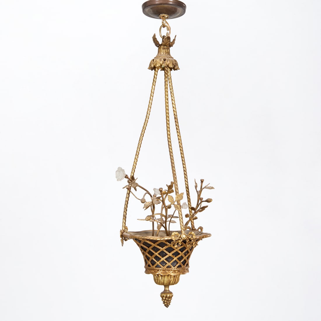 Louis XVI style flower basket chandelier: Louis XVI style flower basket chandelier, 20th c., single light, gilt and patinated metal, with molded glass flower heads, no visible marks, approx. 37"h x 10.5"w Provenance: The Iris Apfel Collection