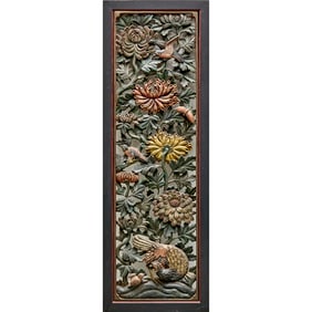 Large Chinese carved and polychromed wood panel