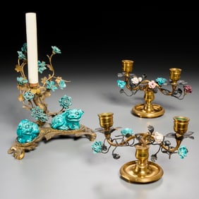 French brass mounted porcelain lamp and sconces