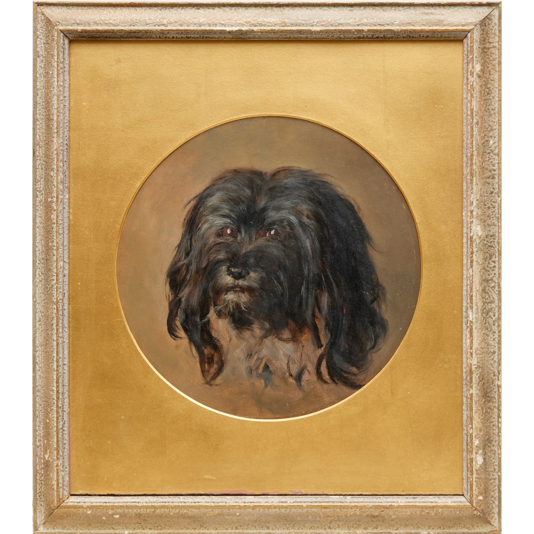 British School, oil on board, canine portrait: British School, oil on board, canine portrait, British School (19th c.), Terrier tondo, no signature detected, matted in the round and framed under glass, 10.75"dia (sight), 18.75"h x 16.5"w (frame) P