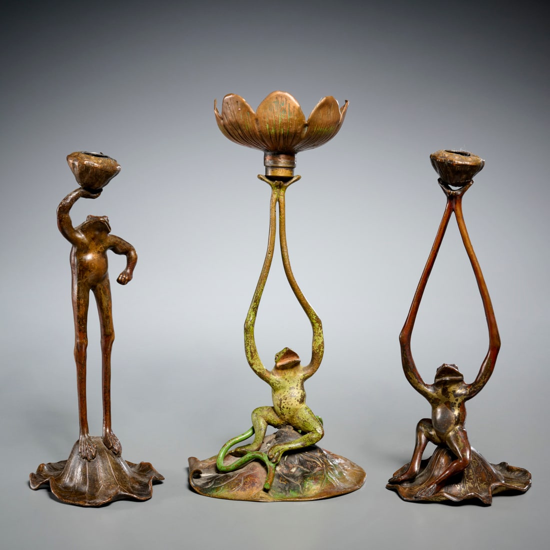 (3) Art Nouveau patinated metal frog candlesticks (1 of 6)