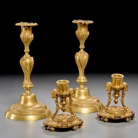 (2) Pairs French gilt bronze candlesticks
