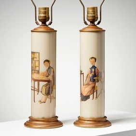Pair chinoiserie decoupage cylinder lamps