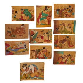 (11) Japanese Shunga woodblock prints on silk