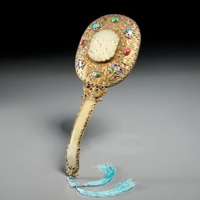 Chinese gilt-silver and jade hand mirror