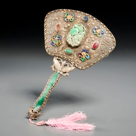 Chinese gilt-silver and jade hand mirror