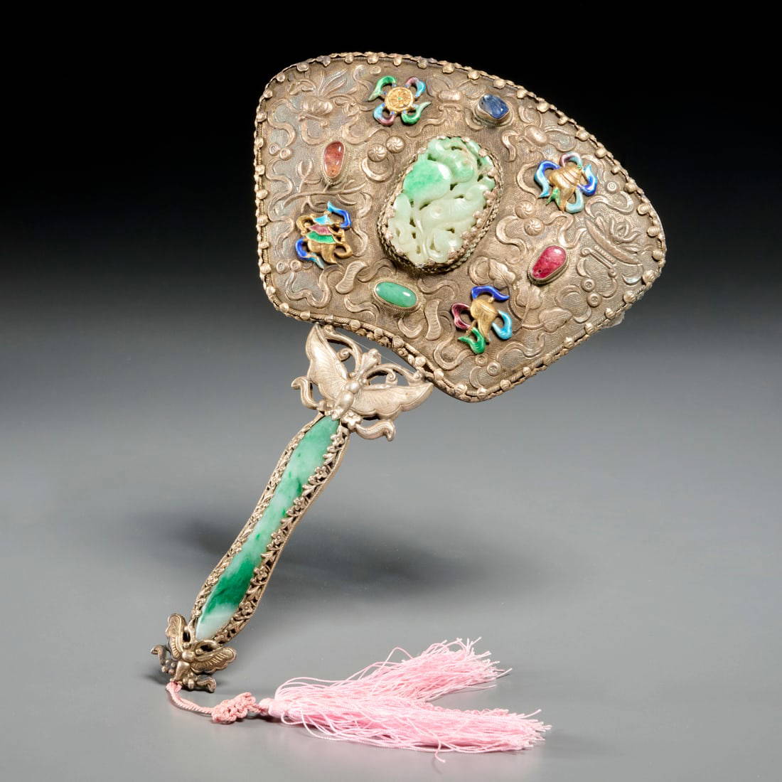 Chinese gilt-silver and jade hand mirror
