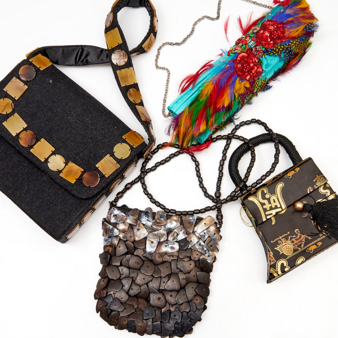 Group of Novelty handbags: Group of Novelty handbags, 21st c., (1) Asian style black jacquard, with single handle tassel closure, (1) Maya Johnson turquoise silk with applied feathers and chain strap, (1) shell crossbody with b