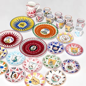 Contrades of Siena, plates, cups and pitcher