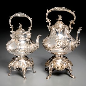 Martin Hall, (2) silverplate hot water kettles